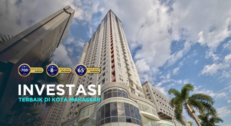 VidaView Apartement, ikon hunian di jantung kota Makassar. Foto ini menampilkan fasad apartemen yang megah dengan latar belakang yang indah.