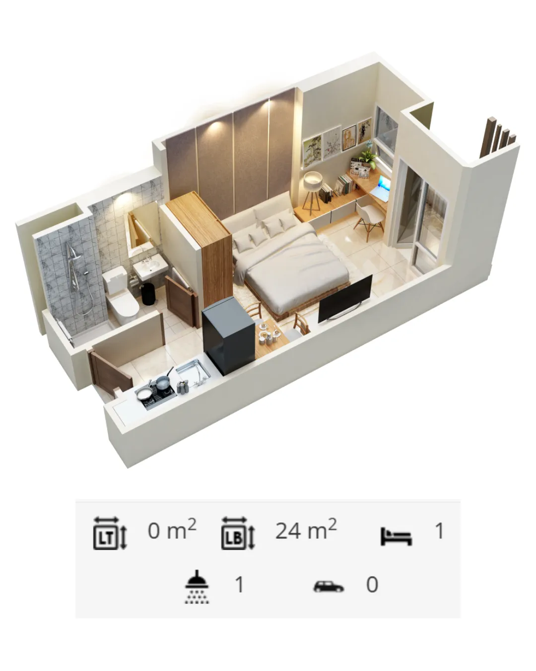 Denah 3D Apartemen VidaView Makassar Unit 1 Bedroom Tower Brentsville