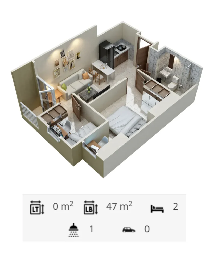 Denah 3D Apartemen VidaView Makassar Unit 2 Bedroom Corner Tower Brentsville