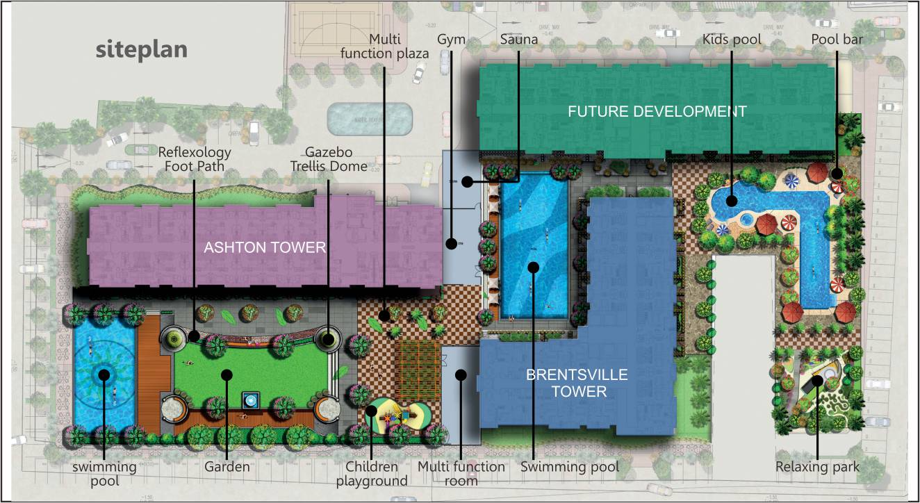Site Plan VidaView Apartment Makassar Menampilkan Tower Ashton, Tower Brentsville, Kolam Renang, Gym, Taman, dan Fasilitas Lainnya