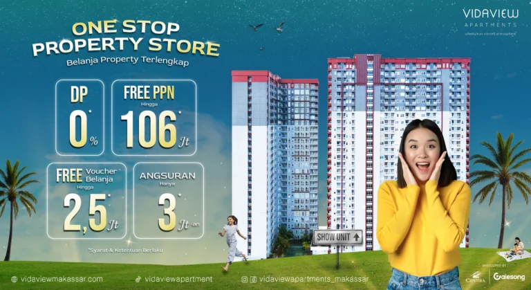 Promo VidaView Apartments Makassar Agustus 2025 dengan DP 0%, Free PPN hingga 106 Juta, Voucher Belanja 2.5 Juta, dan Angsuran mulai 3 Jutaan.