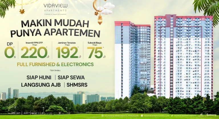 Banner promo Ramadhan Vida View Apartments Makassar "Makin Mudah Punya Apartemen" menampilkan penawaran DP 0%, Insentif PPN DTP, Jaminan Tersewa, dan Full Furnished.